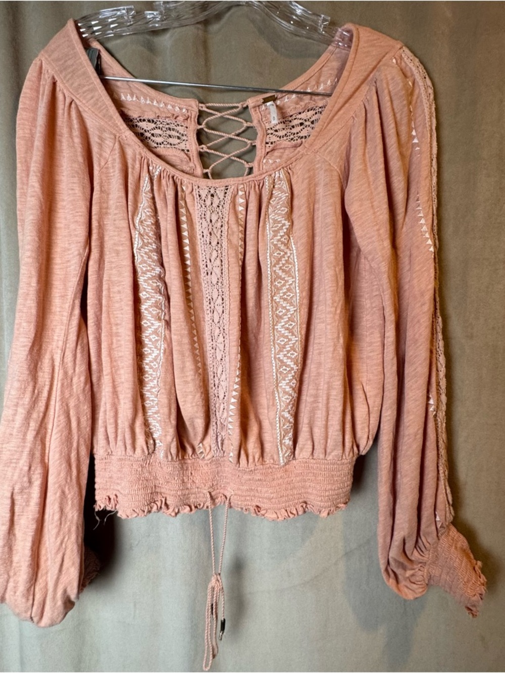 Free People Boho Lace-Up Long Sleeve Peasant Top Blush Peach Pink Smock waist S